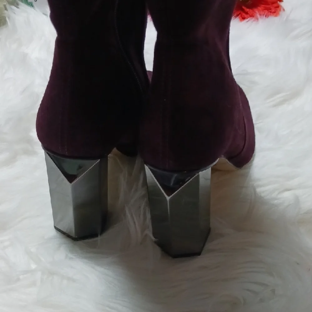 NWT Michael Kors Purple Over Knee High Heel Boots, Suede, Metalic Heels